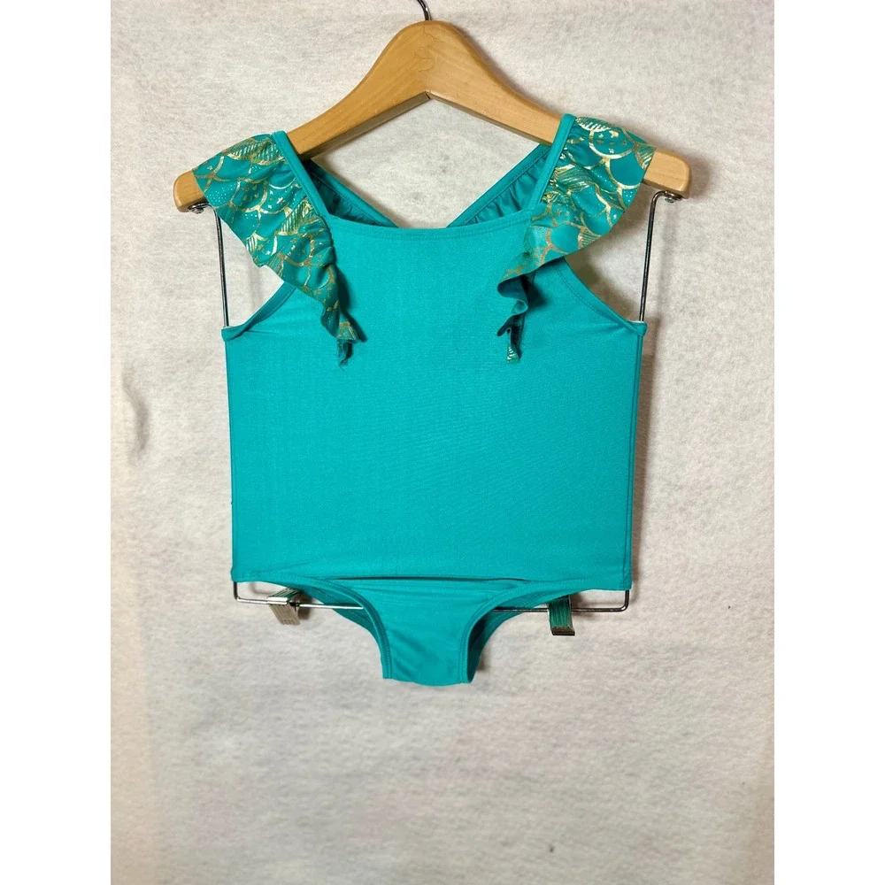 Cat & Jack Girls Teal Mermaid Swimsuit and Skirt Cover Up Set 4T Gold Foil Scale
